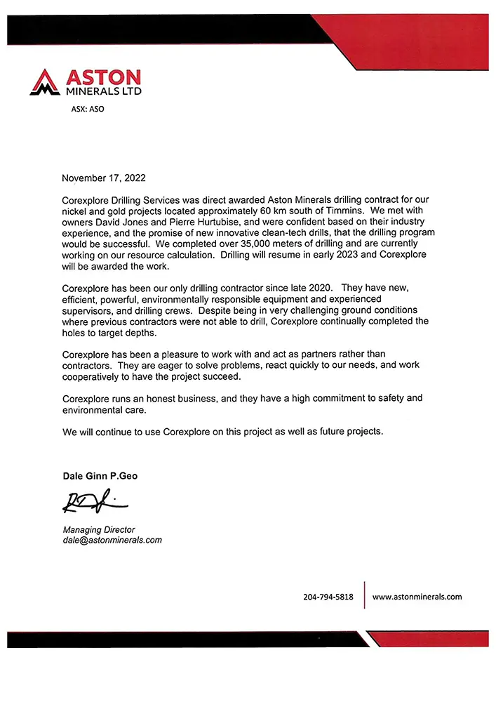 Aston Minerals letter of recommendation