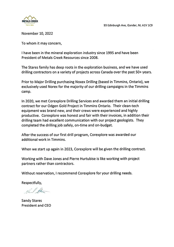 Metals Creek letter of recommendation