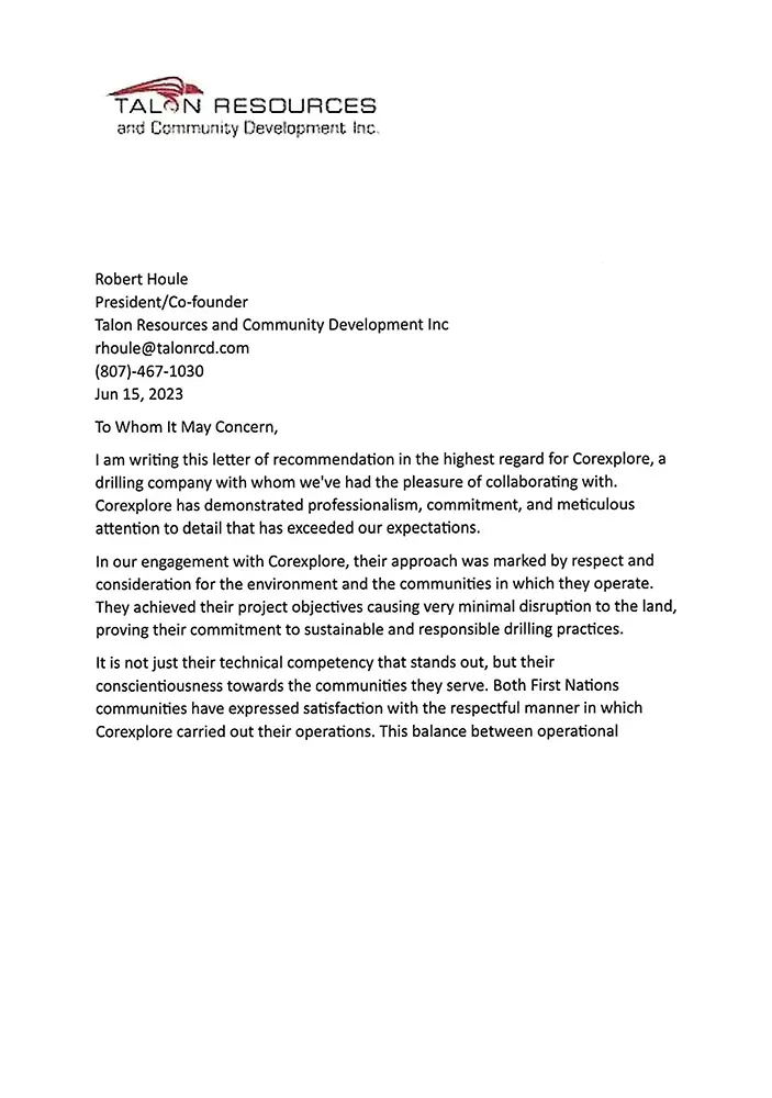 Talon Resources letter of recommendation